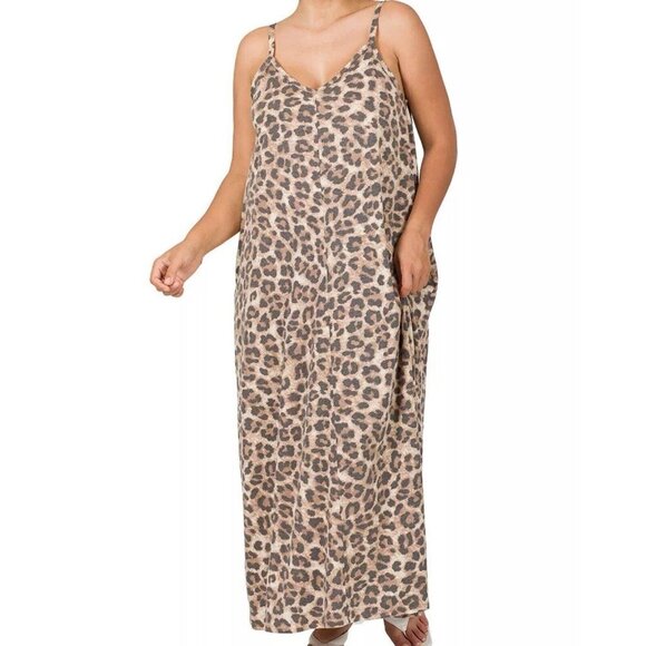 Zenana Leopard Print Soft Brushed Microfiber Cami Maxi Dress Pockets Women’s 2X - Picture 2 of 7